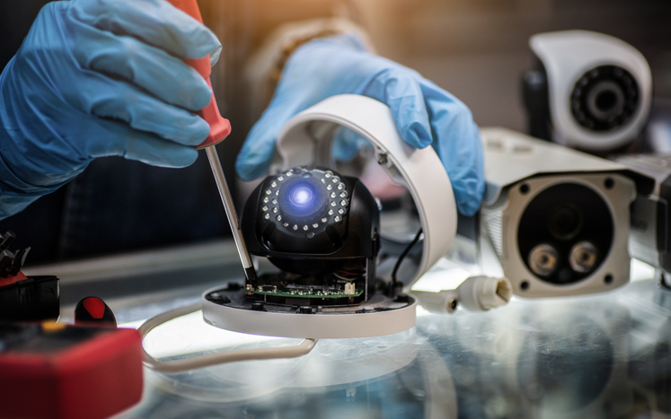 technician repairs CCTV camera on the glass cabinet .