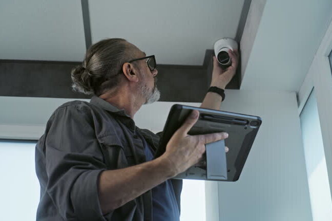 Male mature installer in glasses sets up CCTV camera in office room using professional program on tablet computer. Monitoring and tracking system. Surveillance system, security and privacy concept.
