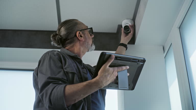 Male mature installer in glasses sets up CCTV camera in office room using professional program on tablet computer. Monitoring and tracking system. Surveillance system, security and privacy concept.